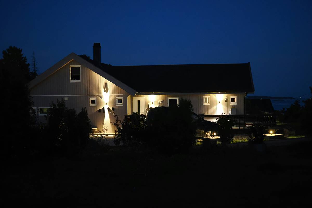 home security lighting tips showing motion-sensor floodlights illuminating driveway and entry points